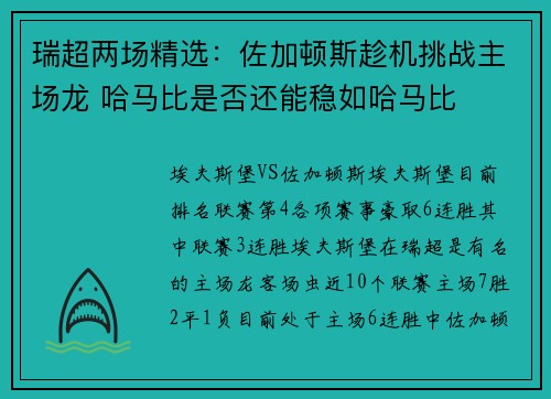 瑞超两场精选：佐加顿斯趁机挑战主场龙 哈马比是否还能稳如哈马比